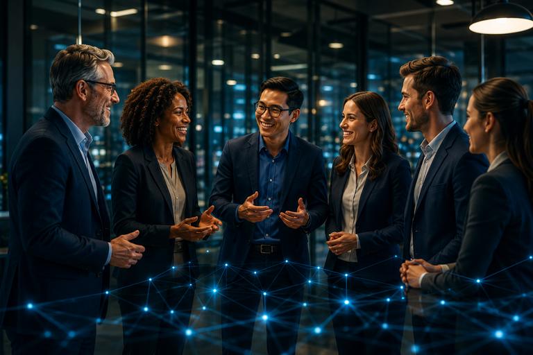 Professionals collaborating around a digital network