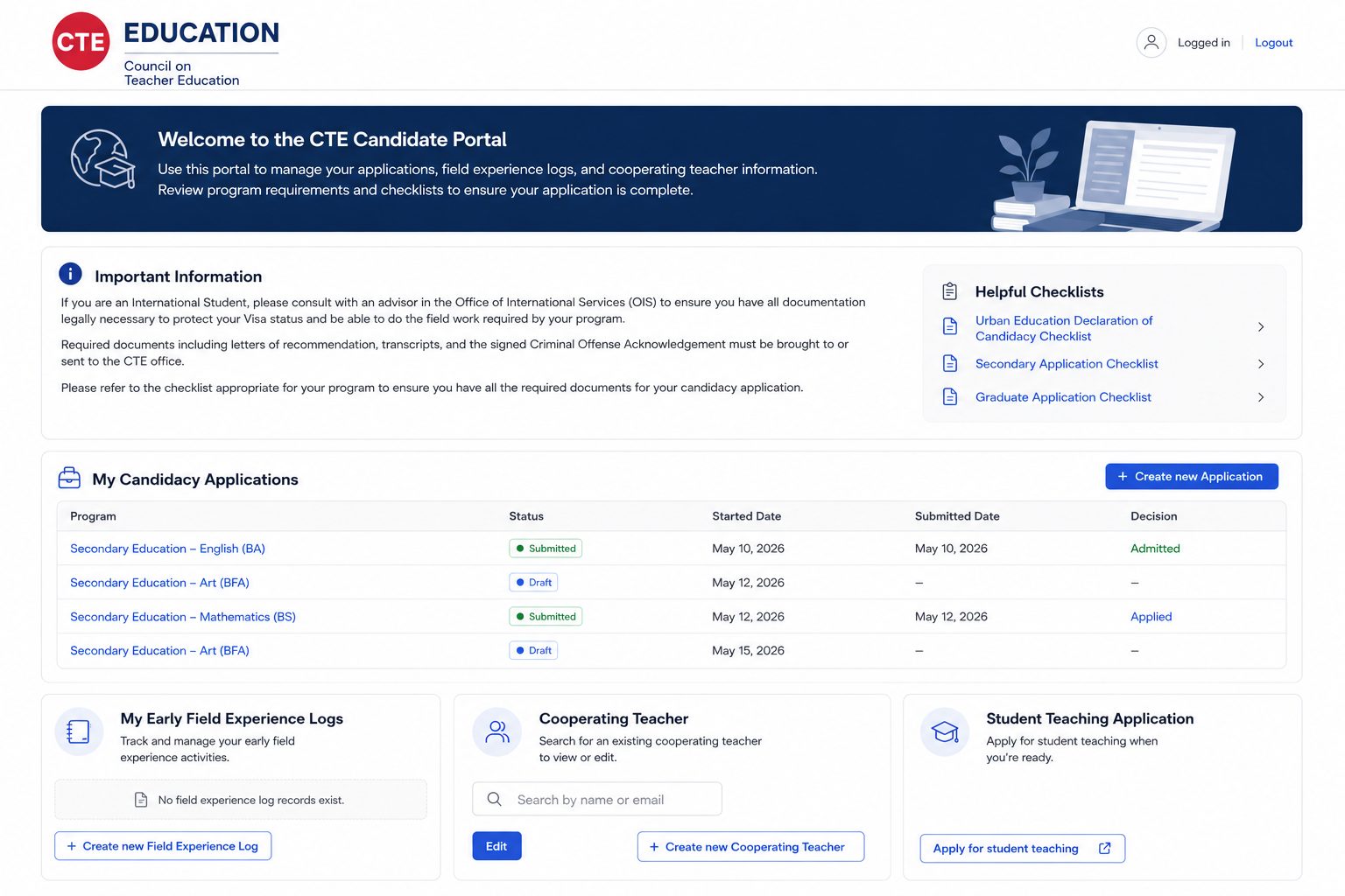 Teacher Education candidate portal