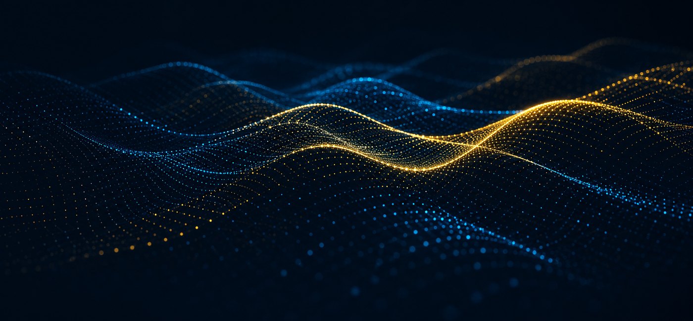 Abstract waves of connected blue and gold data particles