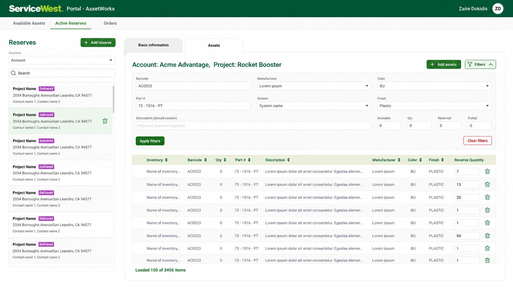 Client Portal warehouse dashboard