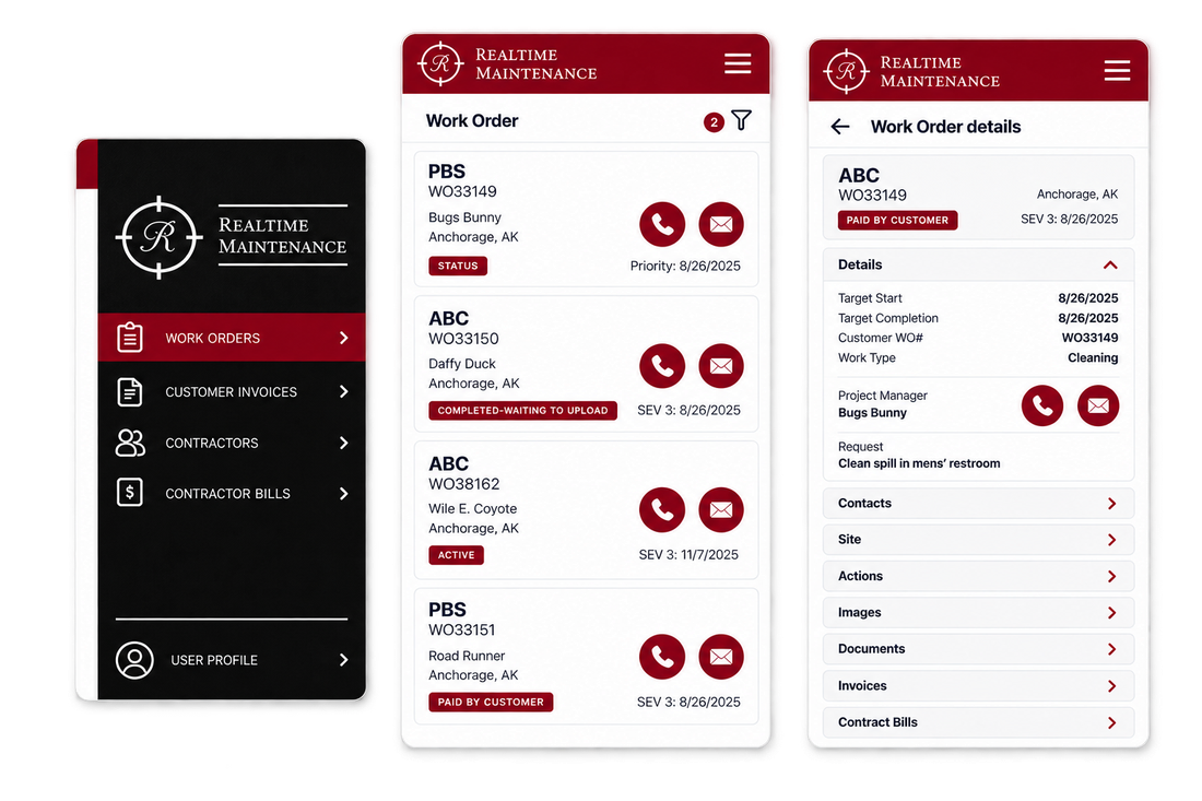 Realtime Maintenance work-order app on three phone screens